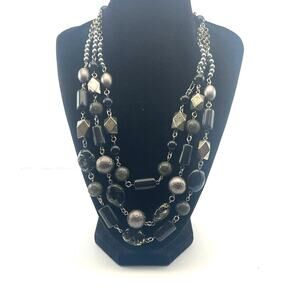J Jill Multi Strand Beaded Black Gray Stone Chain Necklace B8